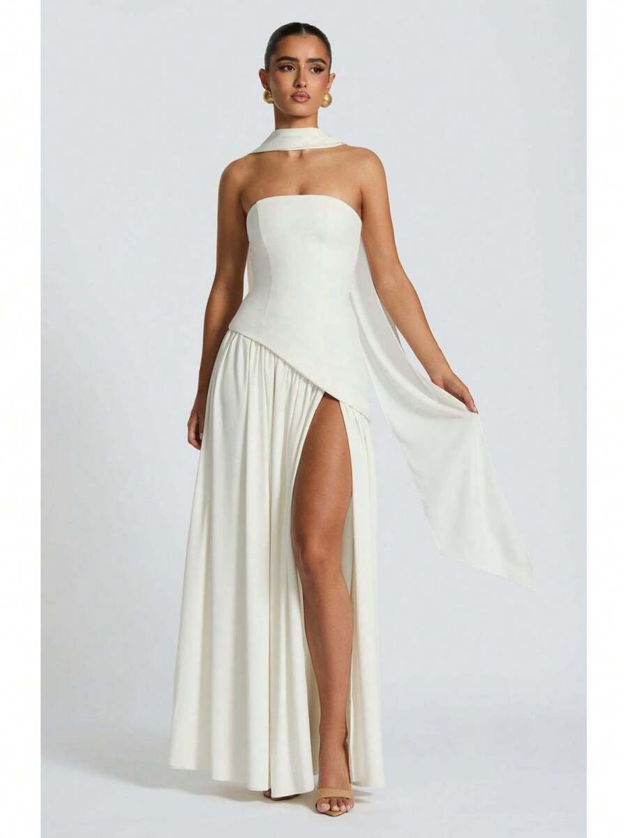 2026 European And American Women's Fashion Strapless Solid Color Slit Dress, Stylish And Sexy Backless High-Slit Long Dress, New Model - 白色 - 查看 1
