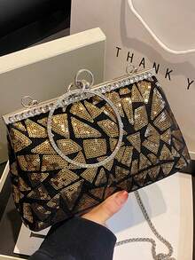 Túi xách cầm tay tròn đính sequin hình học lấp lánh với dây đeo kim loại, thích hợp cho tiệc tối, đám cưới, sinh nhật, hộp đêm, các dịp trang trọng, họp mặt và cuộc sống về đêm cuối tuần. - Vàng - Xem 7