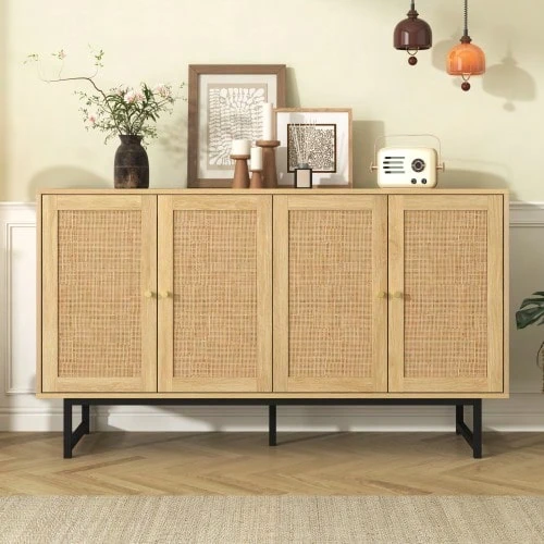 Dining Room Cabinet 140x39.5x80 Cm, Woven In Natural Rattan, With 4 Doors. - Khaki - View 1