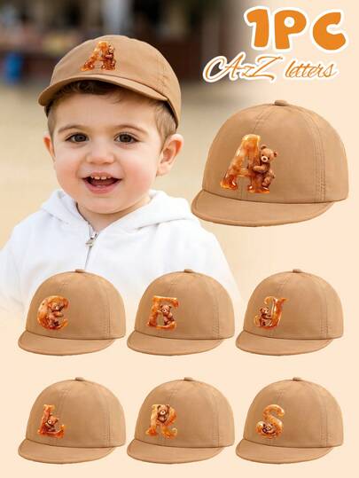 1pc Kids Cute Cartoon A-Z Letter Bear Print Baseball Cap, Soft Breathable Fashionable Adjustable Sun Hat, Suitable For Boys And Girls Outdoor Activities