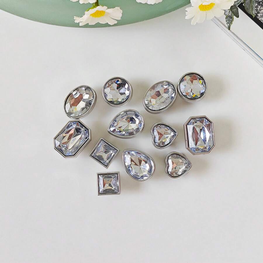 12pcs DIY Shoe Decoration Charms, Silver Acrylic Faux Diamond Metallic, ABS Material, Lightweight, Fashionable And Versatile EVA Slipper/Sandal Accessories, Detachable Shoe Decorations - Silver - View 1