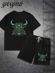 Mens Creative Cyber Bull Print T-Shirt Set American Vintage Full Print Streetwear Essential T-Shirt Set Men Graphic T-Shirt And Shorts Set Gamma Blue 11s Black Retro 11 Bull - 黑色 - 查看 1