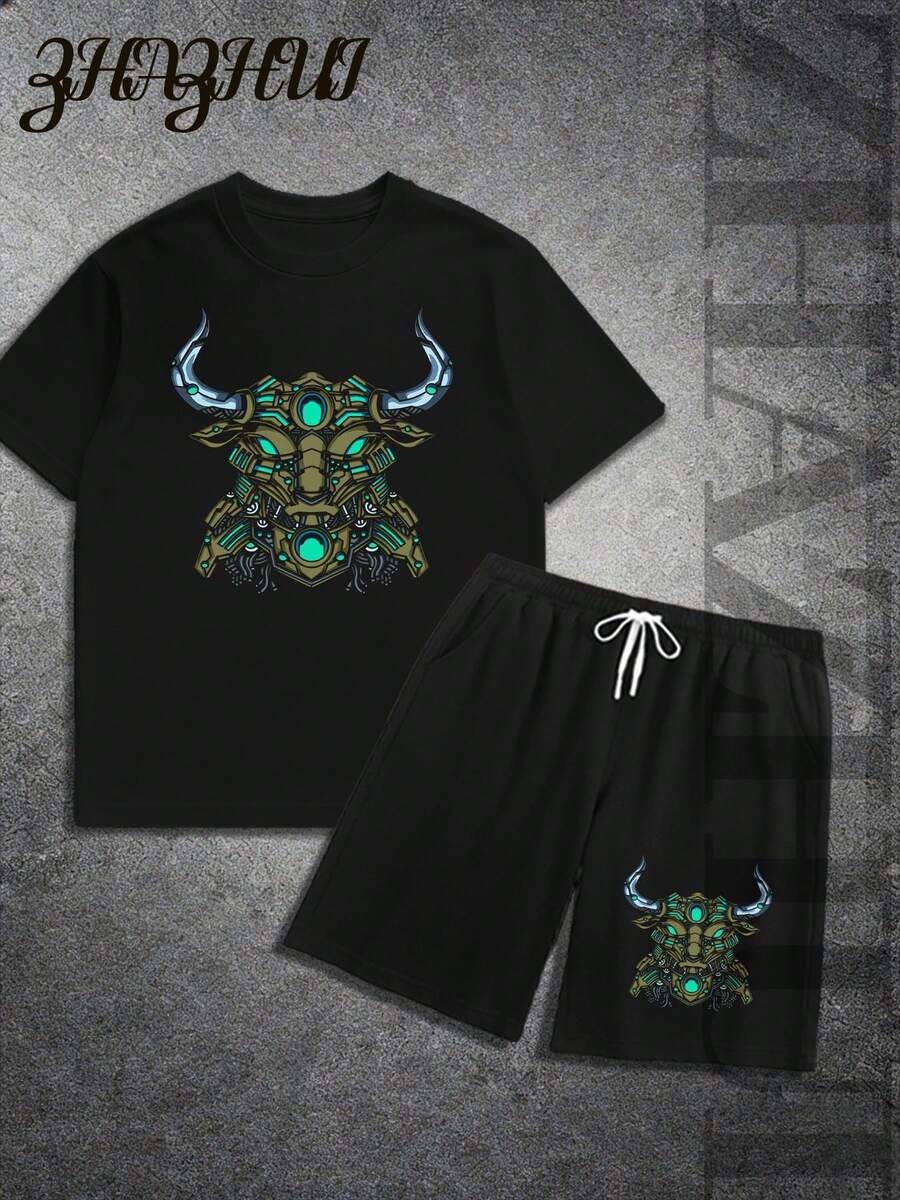 Mens Creative Cyber Bull Print T-Shirt Set American Vintage Full Print Streetwear Essential T-Shirt Set Men Graphic T-Shirt And Shorts Set Gamma Blue 11s Black Retro 11 Bull - 黑色 - 查看 1