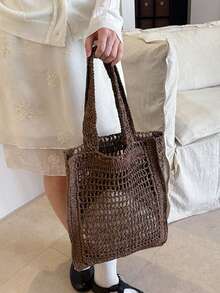 镂空网眼手工编织草编手提包，大容量单肩包，敞口设计，简约风格，适合约会、聚会、通勤、度假、日常使用，大学生适用 - 咖啡 - 查看 6
