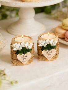 Customized Rustic Wooden Tea Light Candle Holder - Personalized Heart-Shaped Gratitude Message, Decorated With White Floral, Boho Style Wedding / Bridal Shower Favor, Handmade Jute Wrapped Design - Multicolor - View 5