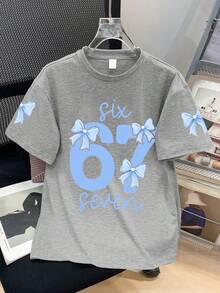 Bộ đồ thường ngày 2 món cho bé gái, có nơ và in số 67 phía trước, áo tay ngắn cổ tròn phối với quần short kẻ caro, thích hợp mặc mùa hè. - Xám - Xem 6