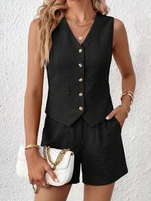 PRETTYGARDEN Women's Summer Clothes Tanktop 2 Piece Sets Outfits Sleeveless Matching  Button Down V Neck Vest Waistcoat And Pockets Going Out Short Sets Vacation - 黑色 - 查看 4