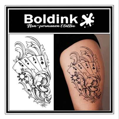  Bộ 2 hình xăm tạm thời Boldink họa tiết bài poker phong cách retro, bền màu 1-2 tuần, công thức từ thực vật, dịu nhẹ, phù hợp sử dụng hàng ngày, trang trí cơ thể cá tính, quà tặng unisex.