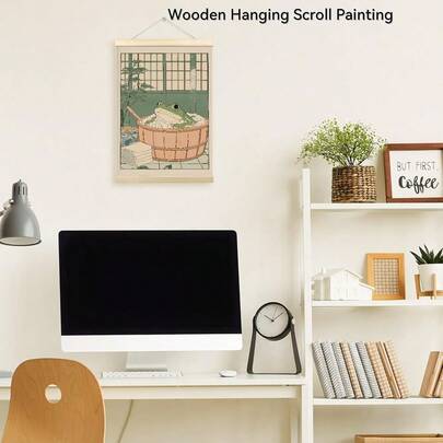 Tranh cuộn treo tường bằng gỗ hình ếch/mèo con dễ thương, phong cách Nhật Bản, thích hợp trang trí phòng tắm, nhà vệ sinh, lối vào, phòng học, nhà ở kiểu Nhật và các không gian khác.