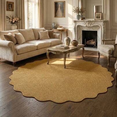 Tapete redondo de juta sintética com borda ondulada na cor camelo (1 peça). Ideal para quem tem animais de estimação, resistente a arranhões, durável e aconchegante. Perfeito para hall de entrada, lavanderia, corredor, quarto, cozinha, sala de estar e sala de jantar com piso de madeira. Decoração para todas as estações. Capacho. Lavável, antiderrapante e ideal para sala de estar, quarto, cozinha e cabeceira. Decoração personalizada e moderna para casa e ambientes.