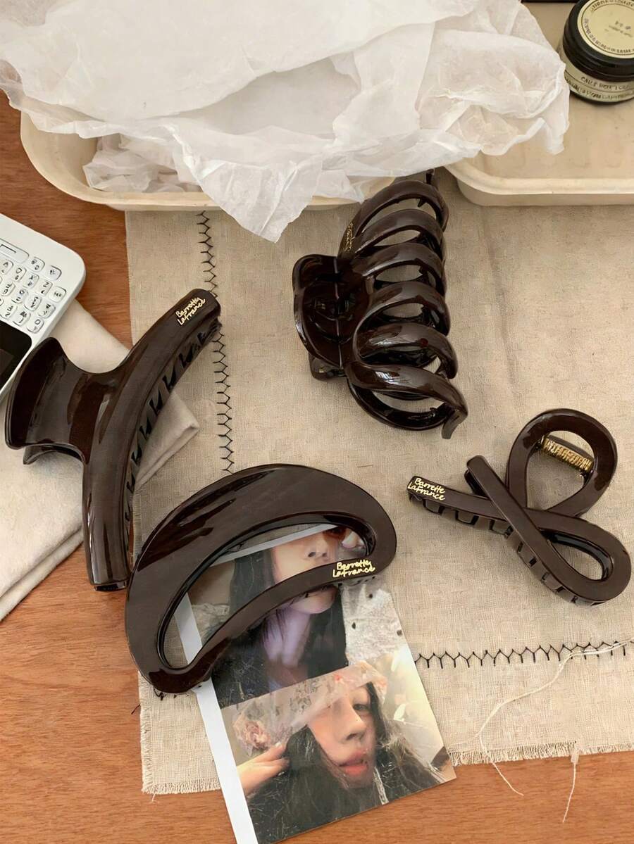 4个/1个 11厘米/4.33英寸 女士简约优雅塑料蝴蝶结月牙发夹,用途广泛,适合日常、休闲、派对、通勤、海滩、丸子头、马尾辫、洗脸、化妆、服装配饰,夏季海滩爪夹度假发夹,节日、生日礼物 - 棕色 - 查看 1
