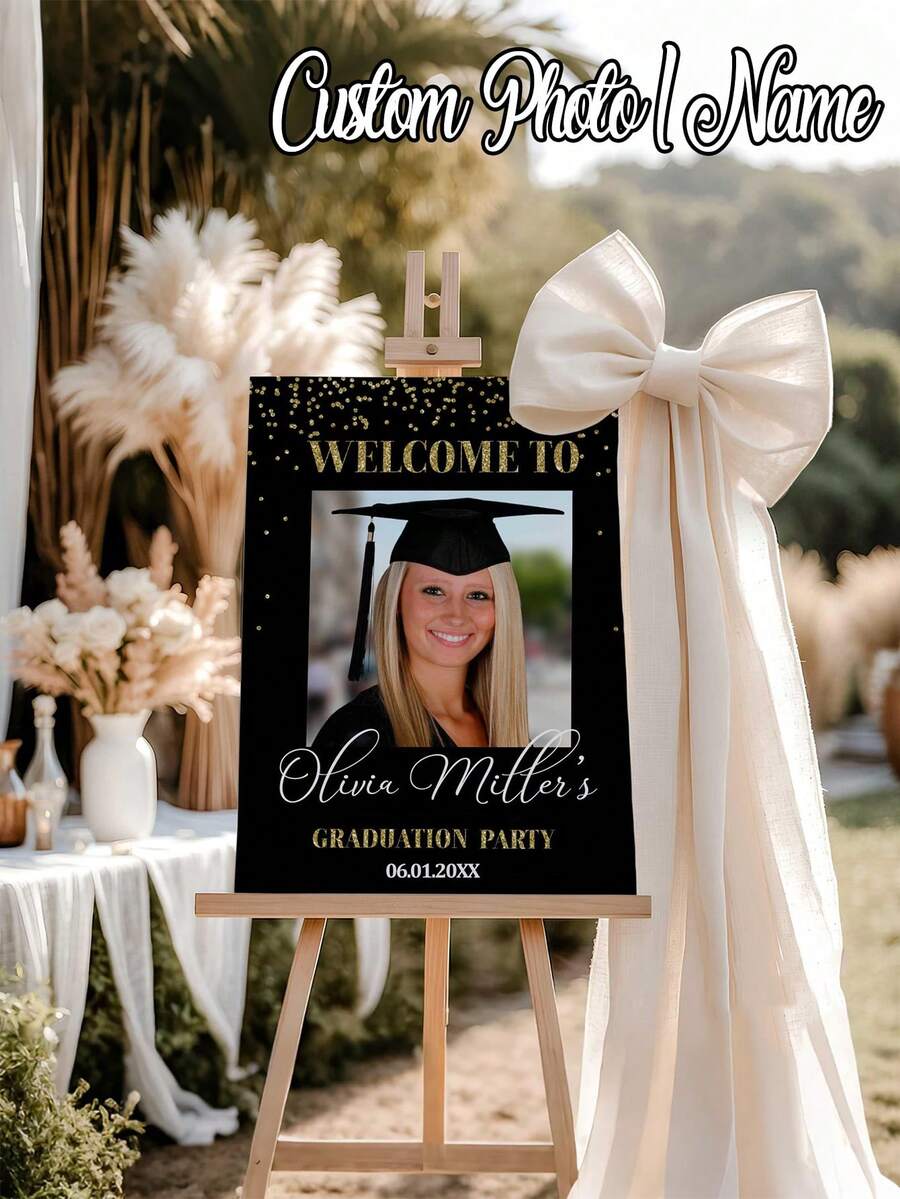 1pc Black & Gold Style Personalized Graduation Photo Poster, Graduation Celebration Welcome Photo Decor, Graduation Celebration Welcome Sign Photo, Graduation Party Welcome Board, With Poster Image, Customized Graduation Welcome Sign, Glossy Frameless Poster, Your Custom Wall Art, Wall Decor - Multicolor - View 1