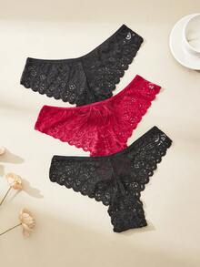 APRSEA 3pcs Women's Lightweight Breathable Sexy Lace Feather Pattern Thong Panties, Random Colors - Multicolor - View 2