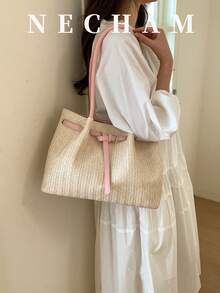 1pc Woven Color Block Drawstring Tote Bag, Buckle Decor, Commuting Large Bag, Vacation Casual Shoulder Bag - Pink - View 4