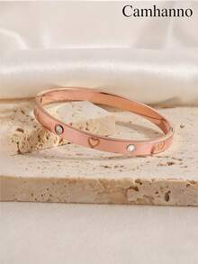 Camhanno 5/1pc Classy Artistic Stainless Steel Bangle Set, 5Pcs Essential Stackable Accessory With Inlaid Decor & Mixed Design, Great For Daily Routines - Rose Gold - View 6