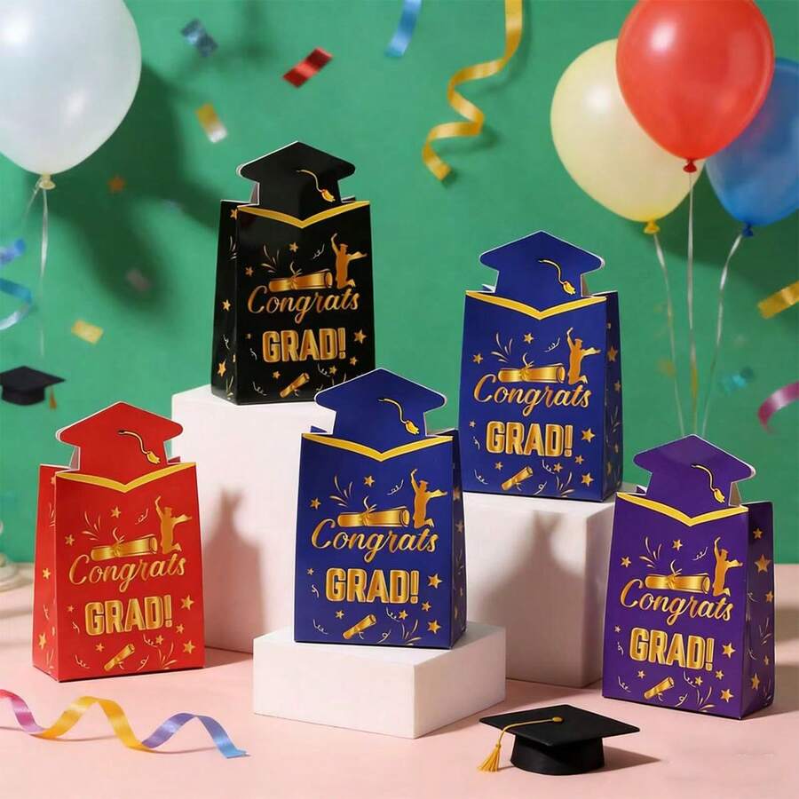 10pcs/Pack Graduation Party Favor Gift Candy Cookie Box, 3D Boxes With Doctorate & Bachelor Hats - View 1