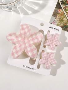 3pcs Pink Plaid Printed Glossy Daisy Flower Hair Clips Set, Romantic Fresh Spring Vibe, Suitable For Hairstyle, Beach, Party, Picnic - Multicolor - View 5