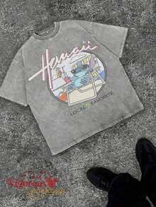 Summer Travel Short Sleeve T-Shirt, Disney Stitch Hawaii Style Print Casual T-Shirt, Unisex Short Sleeve - Xám - Xem 2