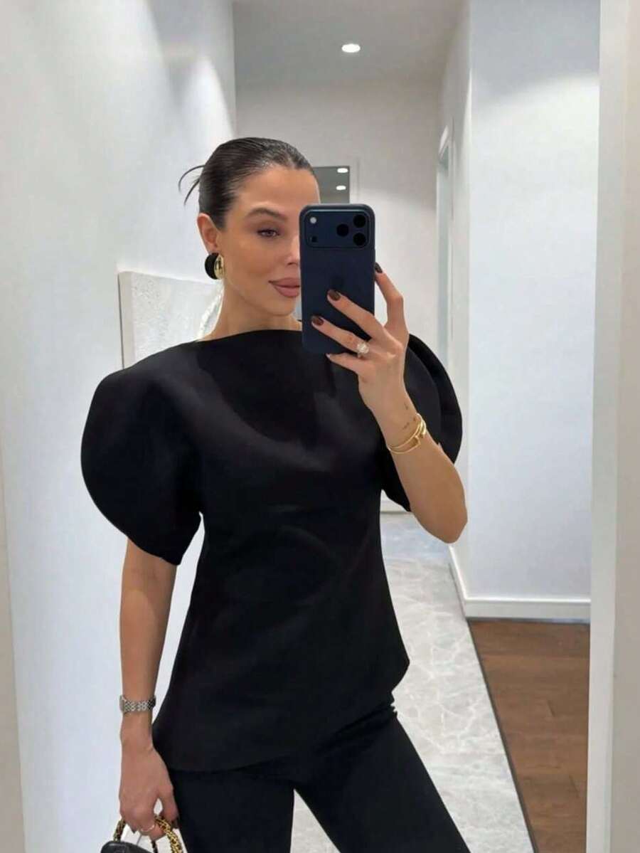 Spring/Summer New Asymmetric Hem Boat Neck Petal Sleeve Cinched Waist Short Sleeve Top, Hidden Back Zipper, Elegant Luxury Niche Minimalist Design Black - Black - View 1