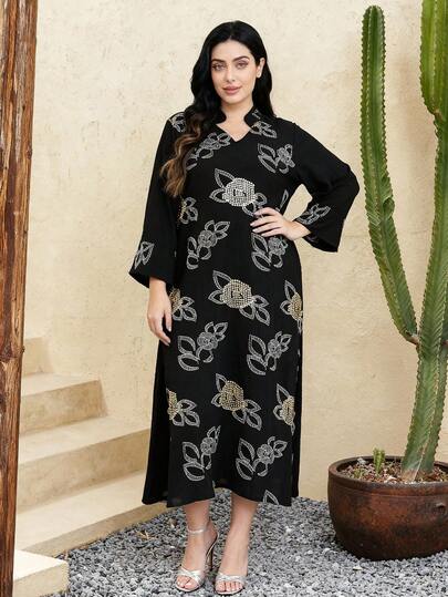 Elegante vestido maxi con bordados florales y detalles con cuentas doradas, vestimenta árabe para mujer Jalabia de manga larga con cuello en V y estampado floral de rosa, elegante vestido maxi negro de moda, vestido tradicional de estilo 2026 para el Ramadán