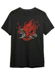 2026.Tops.2026 Men's T-Shirt, Cyberpunk Samurai Skull And Flame Design - Regular Fit, Short Sleeve, Casual Style, High Contrast Pattern In Red And White - Black - View 7