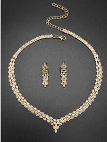 3 piezas Conjunto de joyería de collar y aretes con rhinestones de lujo, adecuado para novia, boda, uso diario, fiesta, vacaciones, accesorios elegantes y versátiles de alta gama - Dorado - Ver 3