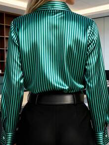 HOMEYEE Women's Fashionable Green Striped Button-Front Long Sleeve Office/Business Commute Shirt Vacation Spring - Green - View 2