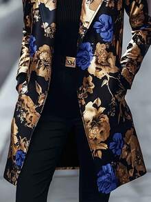Women's Spring/Fall Fashionable Retro Floral Print Long-Sleeve Mid-Length Blazer With A Notched Collar - Blue - View 4
