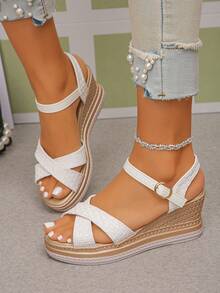 Women's Summer New Classic Platform Thick Bottom Sandals, Bohemian Style White Criss-Cross Strap Sandals, Fashion Wedge Heel Round Toe Vacation Sandals - White - View 5