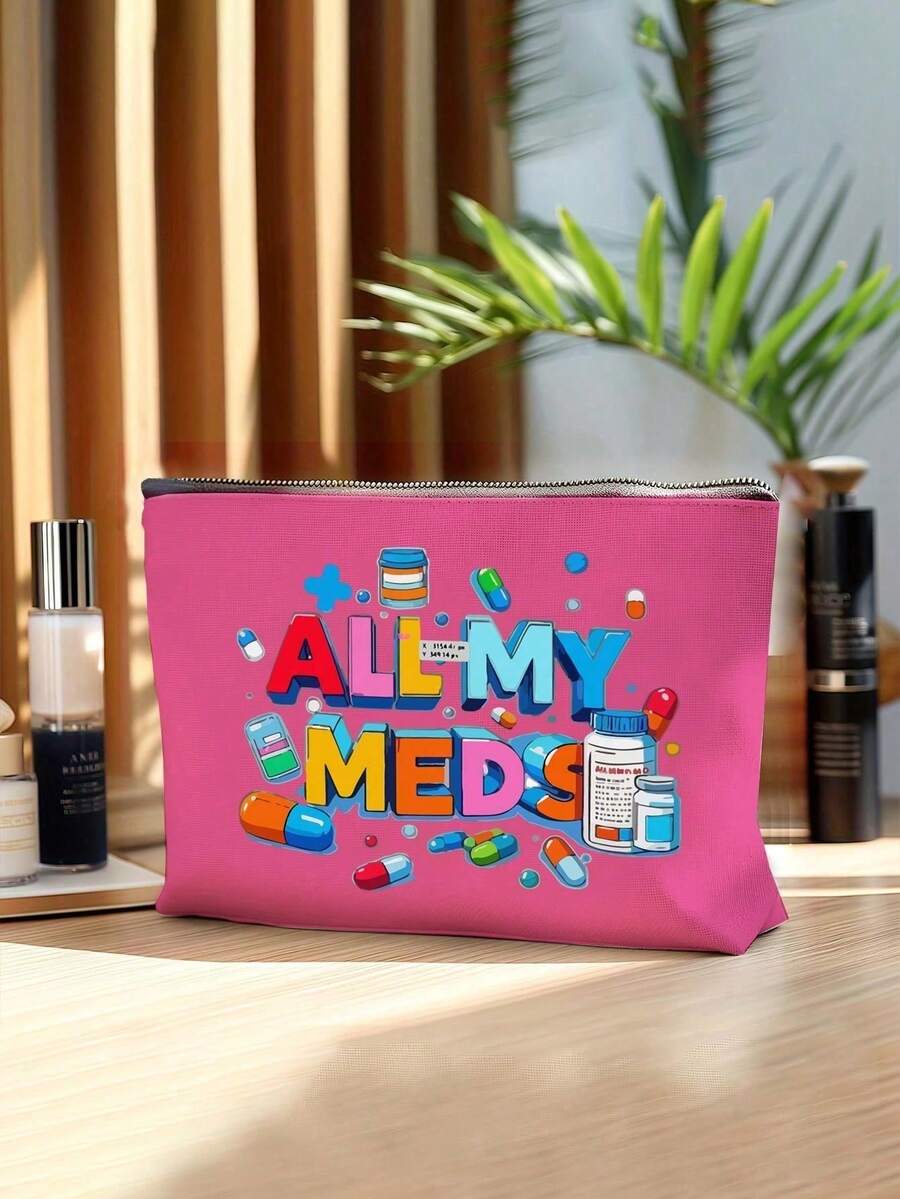 Borsa cosmetica con motivi a cartoni animati di "Tutti i miei farmaci" con pillole e bottiglie di medicinali, borsa da viaggio rossa con cuscino ad aria, borsa per il trucco, borsa per prodotti per la cura della pelle, elementi essenziali da viaggio, forniture per dormitorio, borsa da viaggio, borse a tracolla, smalto per unghie, borsa pieghevole per lo stoccaggio, stoccaggio di prodotti di bellezza, borsa per il caricabatterie, per l'estate, le vacanze, la spiaggia, i pendolari, regalo per la festa della mamma - Multicolore - Visualizzare 1
