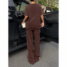 Women's Washed Brown T-Shirt And Pants Two-Piece Casual Set - 咖啡棕 - 查看 3