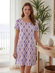 Loose Short Sleeve Casual Dress, Suitable For Spring Outdoor Wear And Indoor Loungewear Elegant Summer - Mauve Purple - View 1