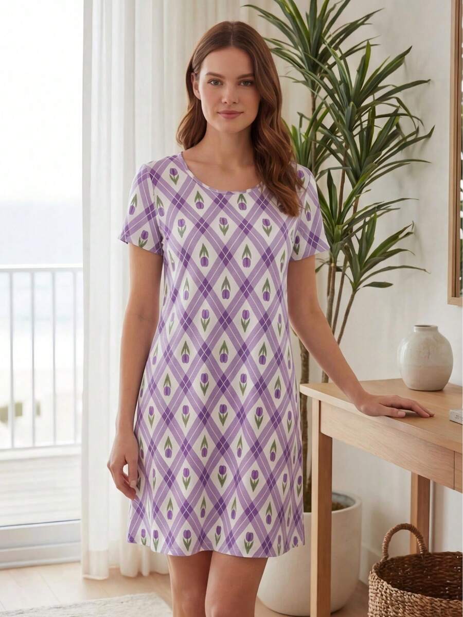 Loose Short Sleeve Casual Dress, Suitable For Spring Outdoor Wear And Indoor Loungewear Elegant Summer - Mauve Purple - View 1
