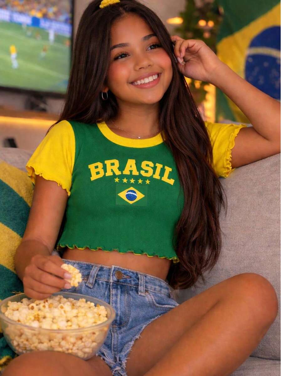 Cropped T-Shirt Brazil Kids Teen Girls World Cup National Team Babylook Fan Sizes 4 To 14 Viscolycra Green Blue Yellow - 綠色 - 查看 1