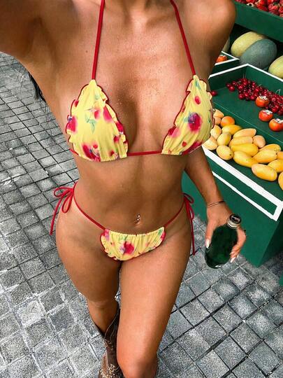 Bikini de mujer con estampado floral, corte halter con lazos, con volantes, adecuado para vacaciones casuales y fiestas en la piscina o playa