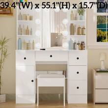 39,4" Weißer Schminktisch mit 10 LED-Hollywoo.d-Lampen & Hocker, Frisiertisch mit 5 Schubladen, 1 Schrank & offenen Regalen, 3 Farbmodi & dimmbarer Helligkeit, Make-up-Tisch für Schlafzimmer - Weiss - Übersicht 1