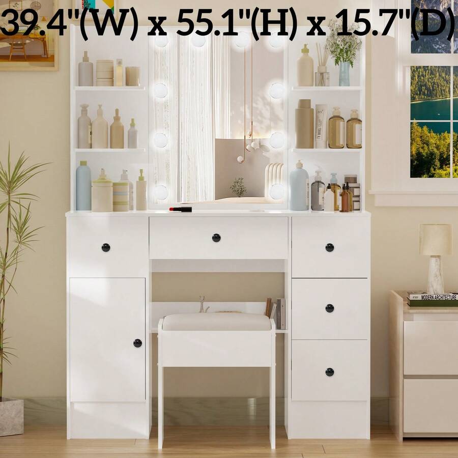 39,4" Weißer Schminktisch mit 10 LED-Hollywoo.d-Lampen & Hocker, Frisiertisch mit 5 Schubladen, 1 Schrank & offenen Regalen, 3 Farbmodi & dimmbarer Helligkeit, Make-up-Tisch für Schlafzimmer - Weiss - Übersicht 1