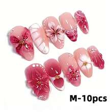 10片装Y2K花卉亚克力假指甲，粉色3D花朵珍珠蝴蝶设计，中号杏仁形，按压式美甲，适合女孩和女士日常佩戴。 - 彩色 - 查看 8