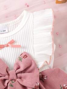 1pc Baby Girl Cute Ruffle Trim Rib Knit Embroidered Corduroy Romper Dress, Lightweight Summer - White - View 5