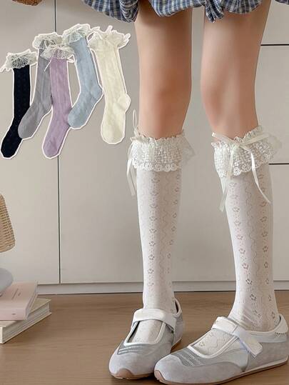 1双女士过膝袜，薄款蕾丝蝴蝶结修身透明长筒袜，适合夏季穿着，可搭配连衣裙，造型百搭。