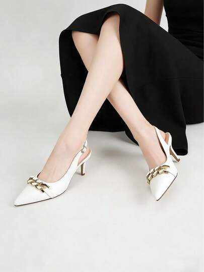 女士白色尖头露跟高跟鞋，金色链条装饰细高跟鞋，优雅的办公室工作正装鞋，时尚搭扣凉鞋，适合女士派对晚宴，2026新款女士鞋履