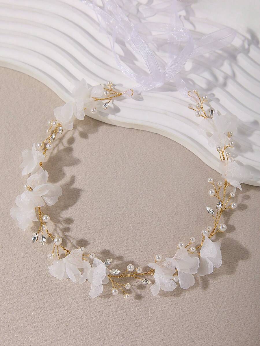 1 pieza Diadema con flor de organza, hojas, cristales de imitación y perlas falsas, adecuada para bodas, fotografía diaria, vacaciones, cumpleaños y otras ocasiones - Multicolor - Ver 1