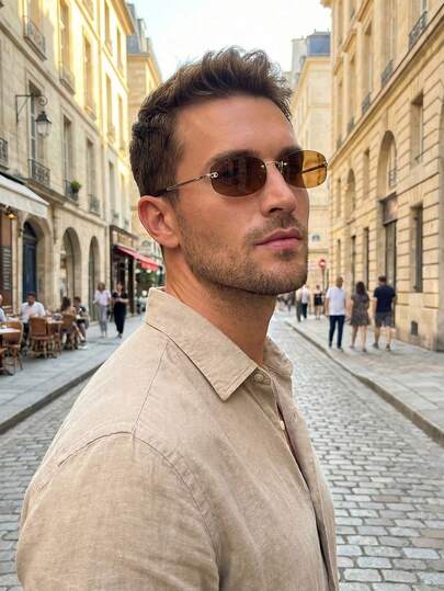 1副男士时尚复古无框小方眼镜，适合户外、休闲、通勤、旅行、海滩等多种场合。