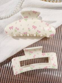 2pcs Set Ivory Bow & Floral Print Semi-Circle Hollow Hair Claw, Ponytail Clip, Sweet & Gentle Countryside Girl Vibe, Suitable For Beach, Picnic, Party Summer Hair Accessories Beach Claw Clips Vacay Hair Clips - Multicolor - View 2