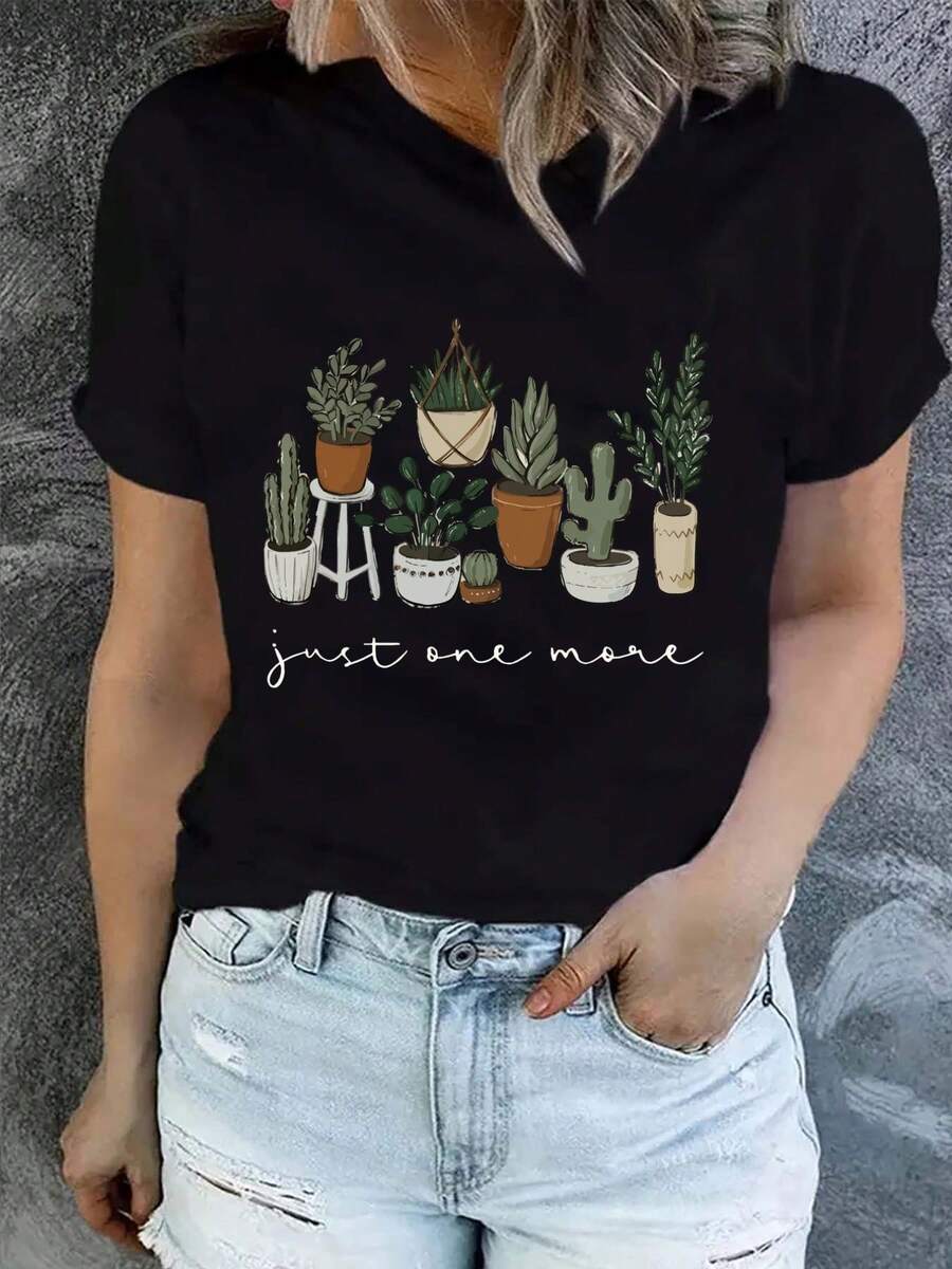 Succulent, Cactus Women' S Casual Short Sleeve Top, Comfortable Fit, Sisters Dress, Necessary For Outdoor Travel, Women's Tshirt, Spring And Summer Tshirt - 黑色 - 查看 1