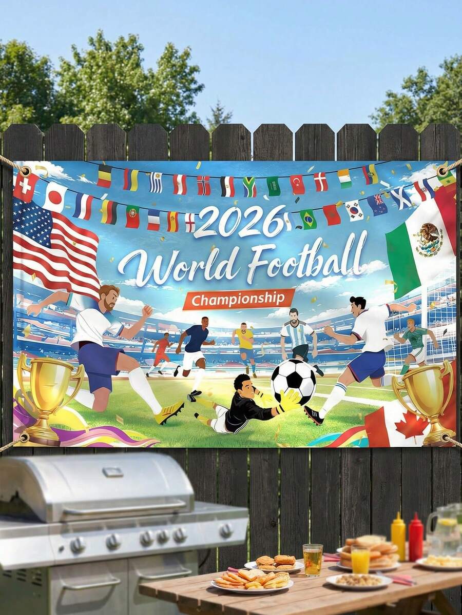 1pc 2026 World Cup Football Flag Background Banner, Large World Cup Background Banner Suitable For Desktop, Wall, Garden, Indoor/Outdoor Party Decoration, World Cup Cheering, World Cup Football Match, Football Fans, Photo Props, Bar Decor, Sports Theme Decoration - A - View 1