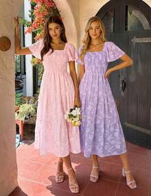 ZESICA Women's Summer Boho Floral Midi Dress 2026 Casual Short Sleeve Square Neck Flowy Beach Vacation Long Dress - 淺粉色 - 查看 2