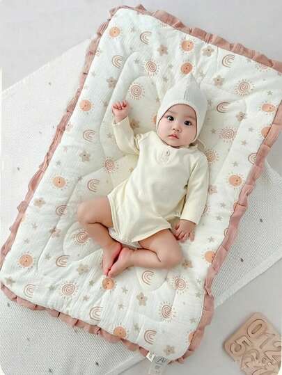 1pc Baby Crepe Cotton Mattress Pad, Soft Puff Fleece Mattress, Nursery Soft Bed Mat, Children Cotton Mattress, Reversible And Washable