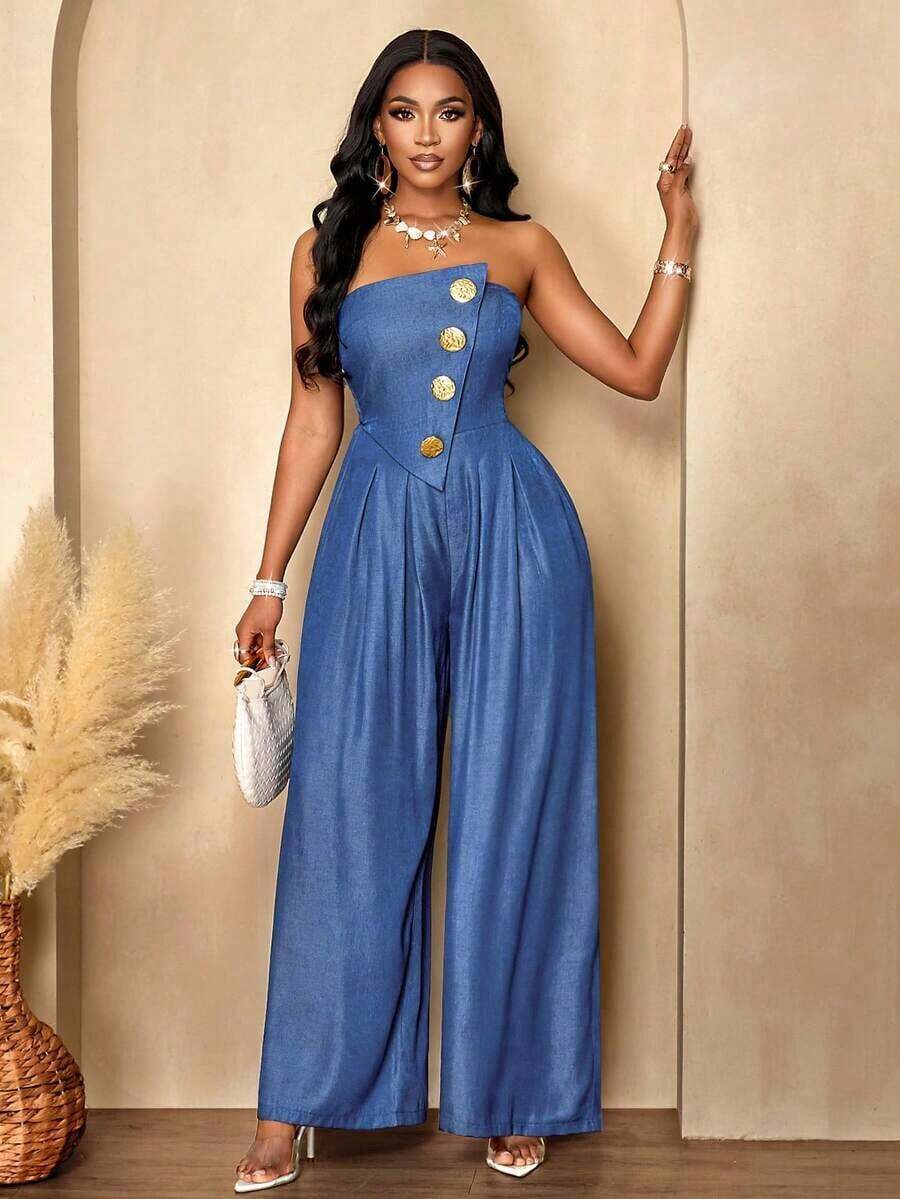 AIJ Women's Elegant Casual Solid Color Jumpsuit, Wide Leg Pants With Metal Buttons, Suitable For Daily Commute Summer - Dark Blue - View 1