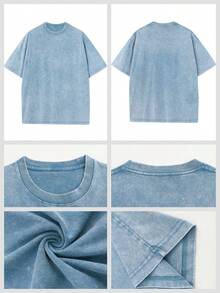 Plus-Size Vintage Washed T-Shirt, F#Ck Around And Find Out Casual Vacation Graphic T-Shirt, Loose Fit, 230g Pure Cotton Men's T-Shirt, A Surprise Gift - 淺藍色 - 查看 5